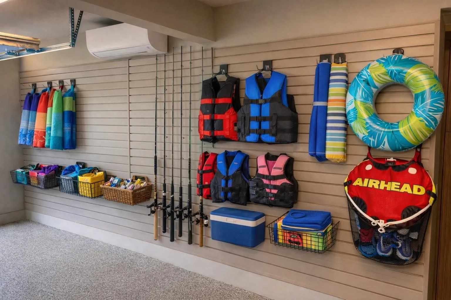 An expertly organized wall system featuring Garage Shelving