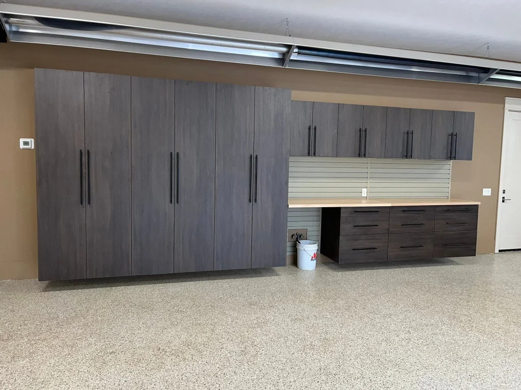 A sophisticated garage renovation featuring Wood Garage Storage Ideas