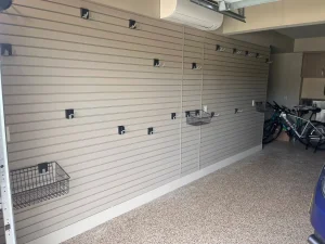 A full-wall installation of tan Garage Slatwall